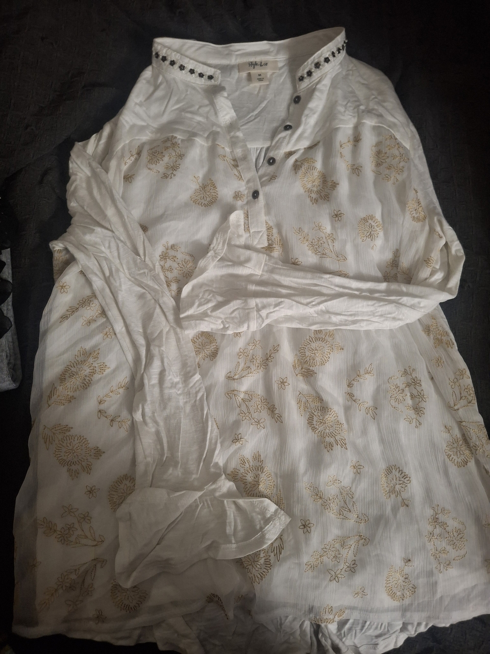 Style & Co. White Long-Sleeve Tunic with Tan Floral Print